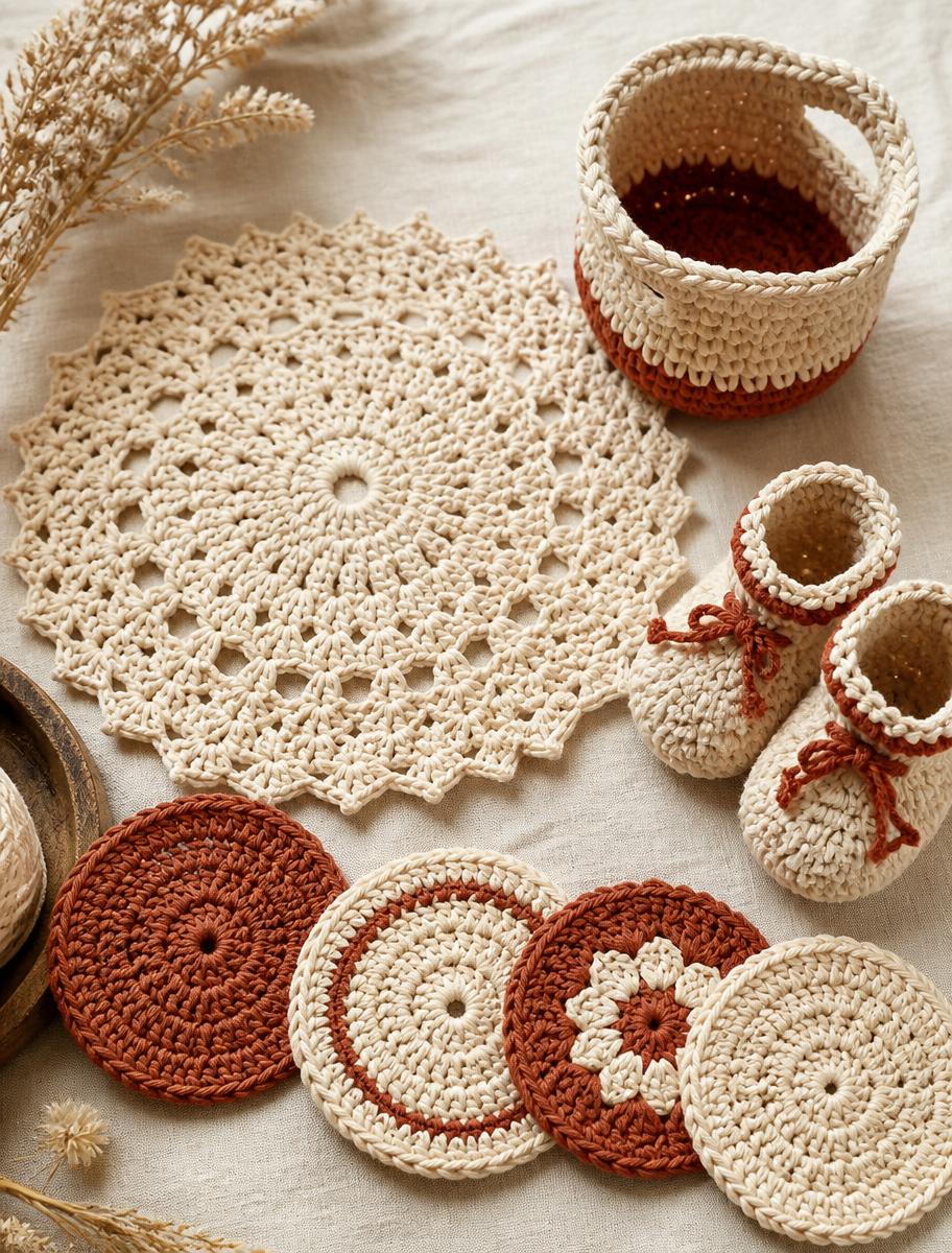 Conjunto de peças de crochê: toalhinha, cestinha, sapatinhos e porta-copos